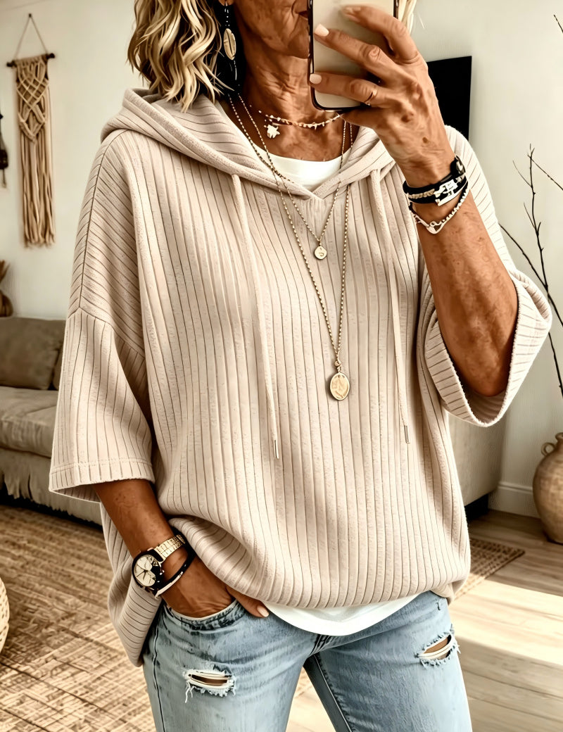 Cassandra Bellmore | Ribbed Hooded Drawstring Sweatshirt For Women