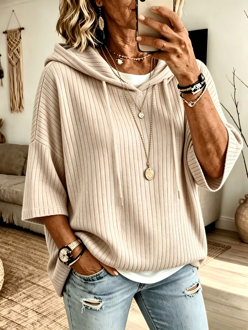 Cassandra Bellmore | Ribbed Hooded Drawstring Sweatshirt For Women