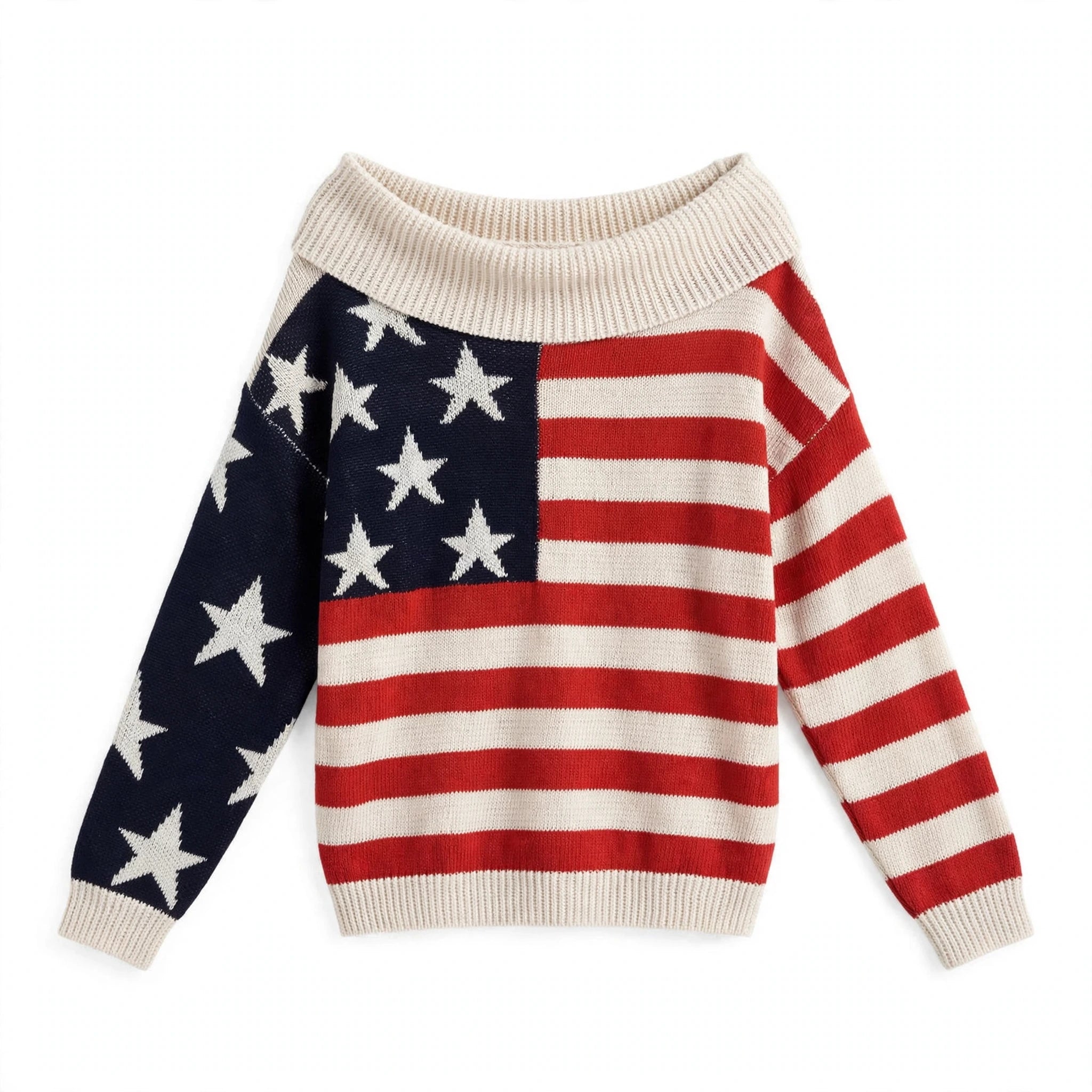 Charlotte Monroe | American Flag Off-Shoulder Knit Sweater For Women