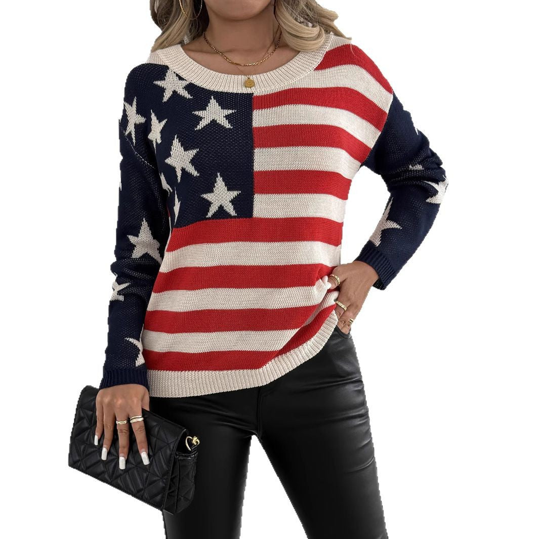 Charlotte Monroe | American Flag Off-Shoulder Knit Sweater For Women