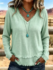 Isabelle Rousseau | Frayed V-Neck Long Sleeve Top For Women
