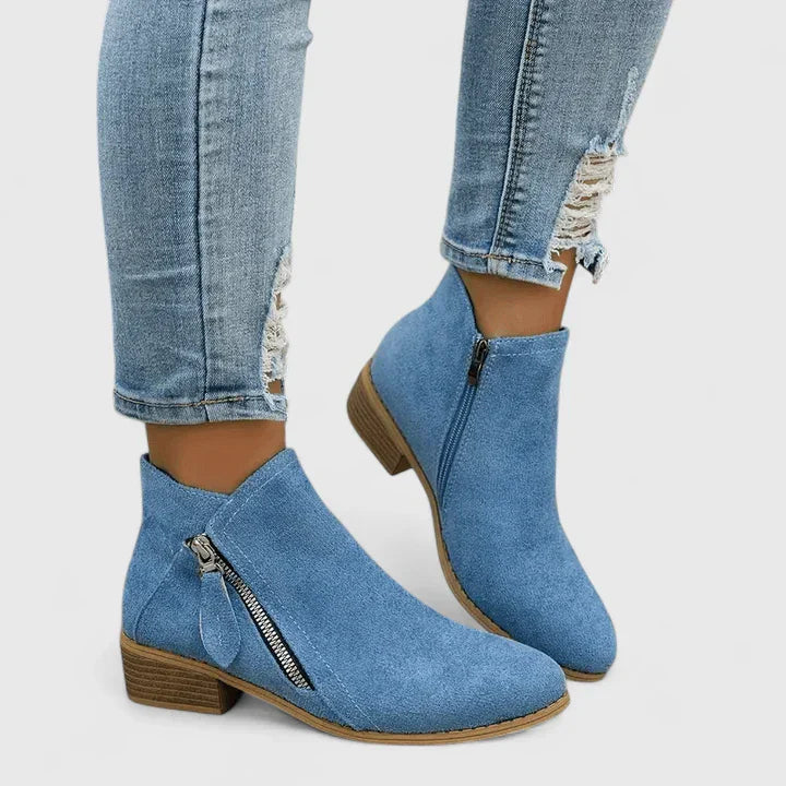 Celestine Fairvaux | Blue Suede Zip Ankle Boot with Block Heel