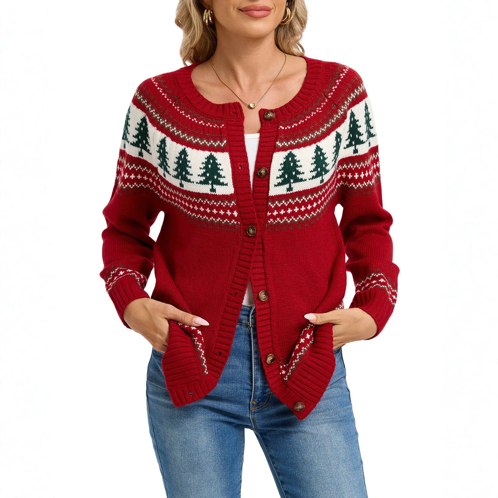 Eloise Fontaine | Christmas Tree Jacquard Sweater Cardigan For Women