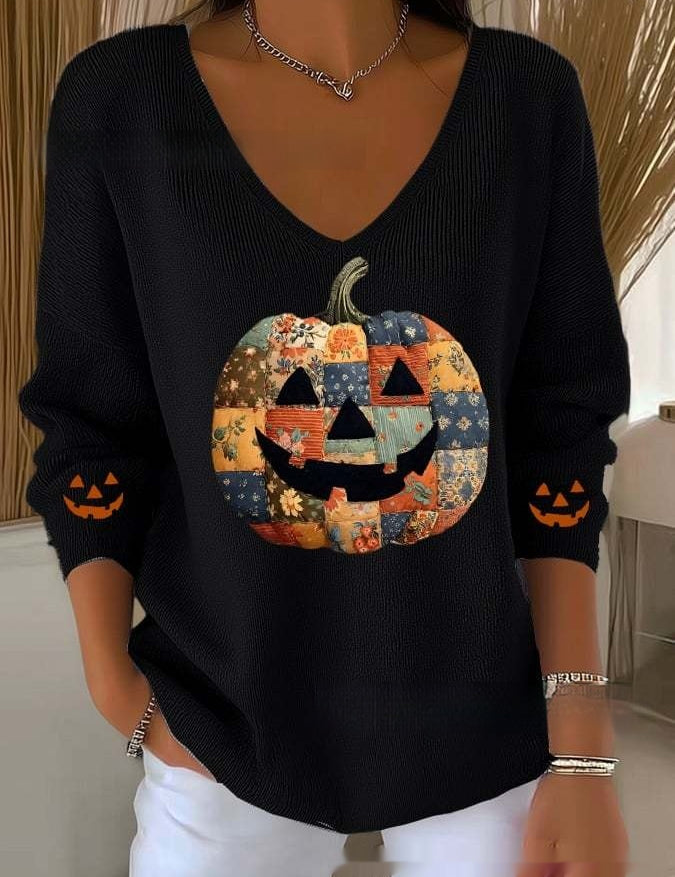 Florence Adair | Maple Leaf Print V-Neck Sweater For Women