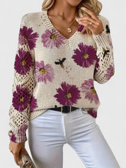 Rosalinde Fonteclair | Floral Knit V-Neck Sweater with Lace Sleeves