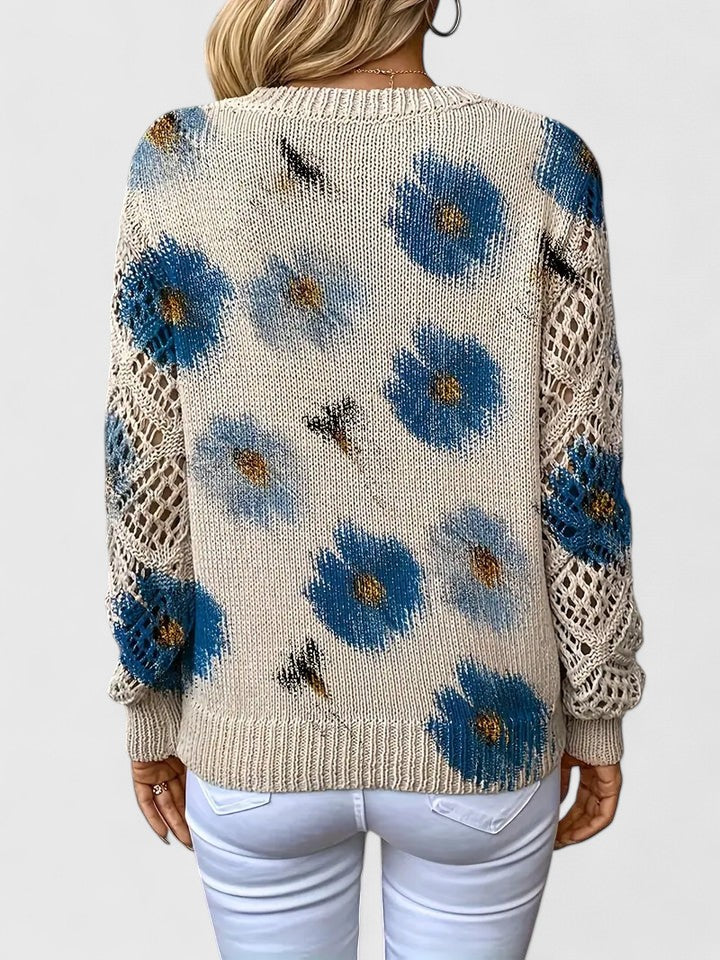 Rosalinde Fonteclair | Floral Knit V-Neck Sweater with Lace Sleeves