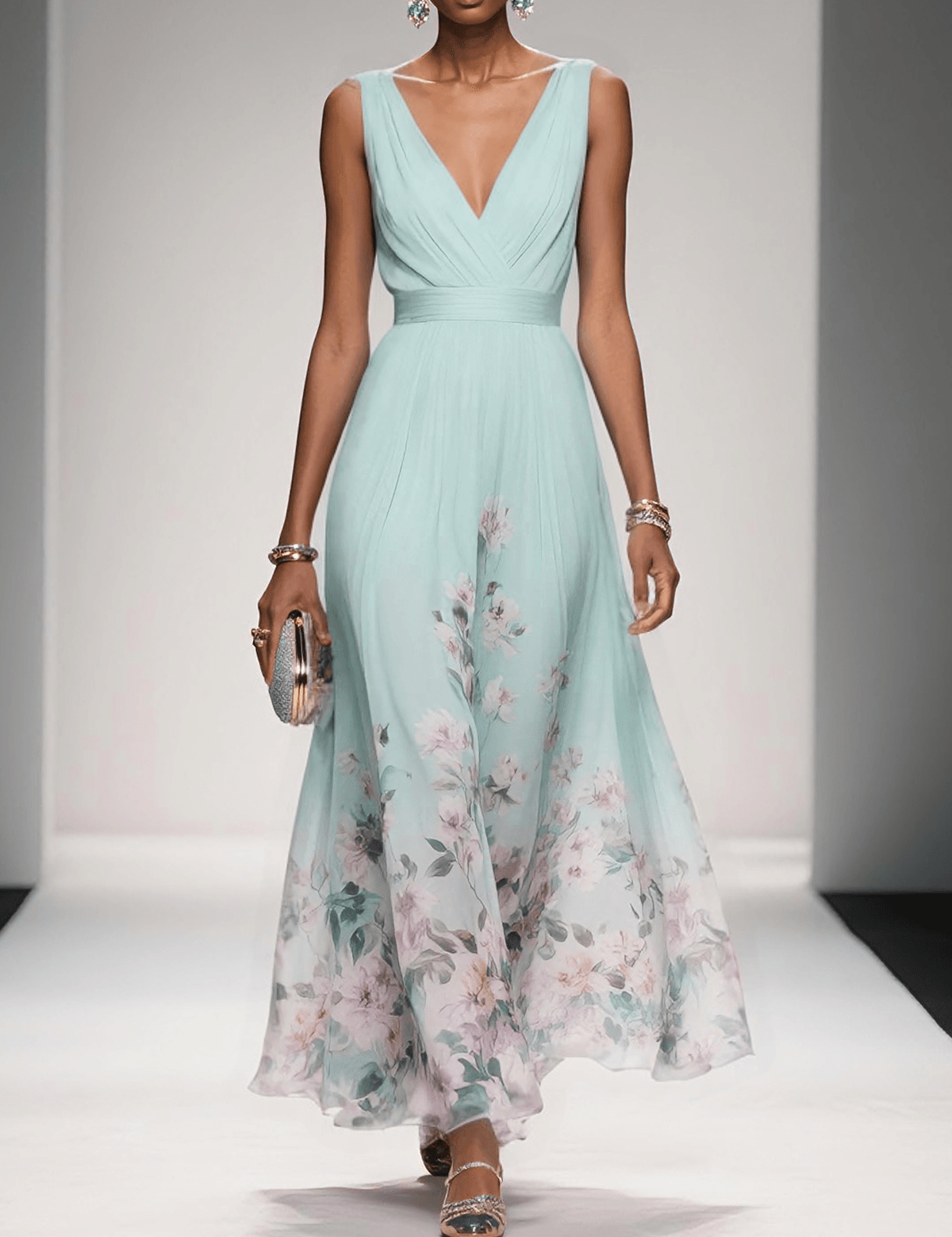 Celestine Dawnmore | Light Blue Floral Maxi V-Neck Dress