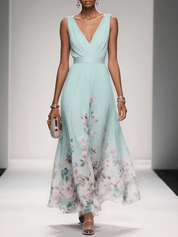 Celestine Dawnmore | Light Blue Floral Maxi V-Neck Dress