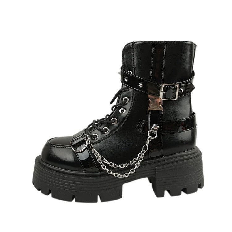 Trudy Aldmore | Black Chain Buckle Platform Boots For Women