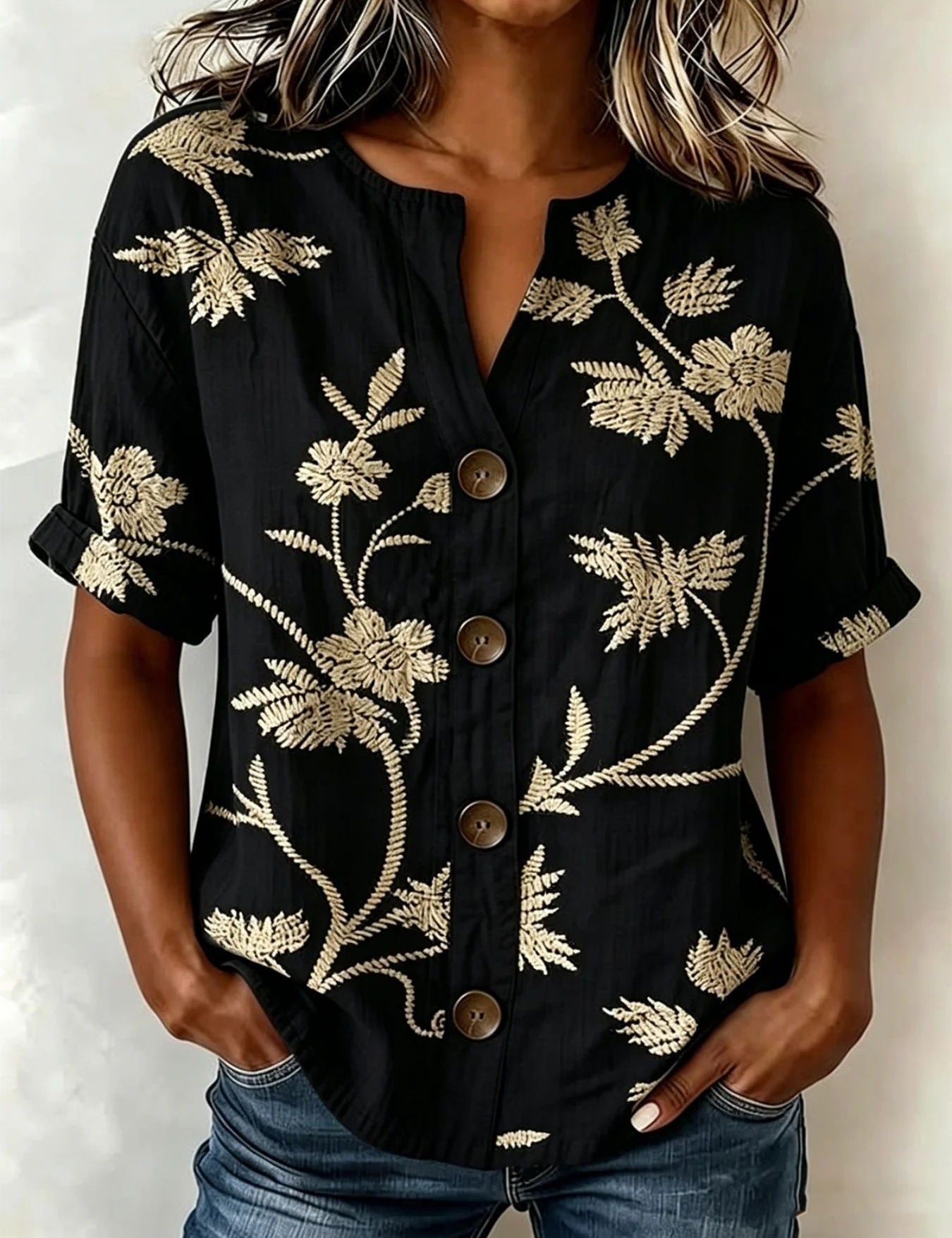 Antonella Marchese | Embroidered Floral Button-Up Blouse For Women