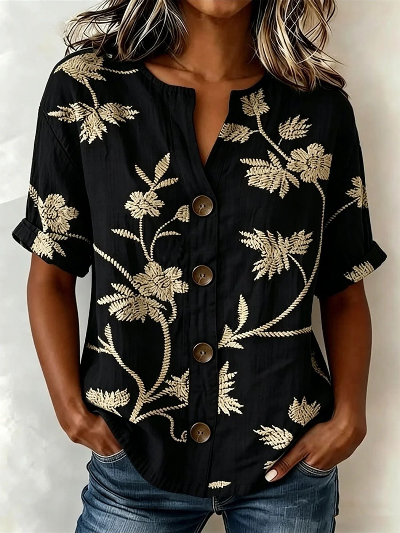 Antonella Marchese | Embroidered Floral Button-Up Blouse For Women