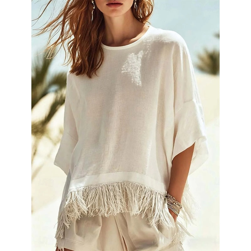 Talia Bresson | Fringe-Hem Linen Blouse For Women