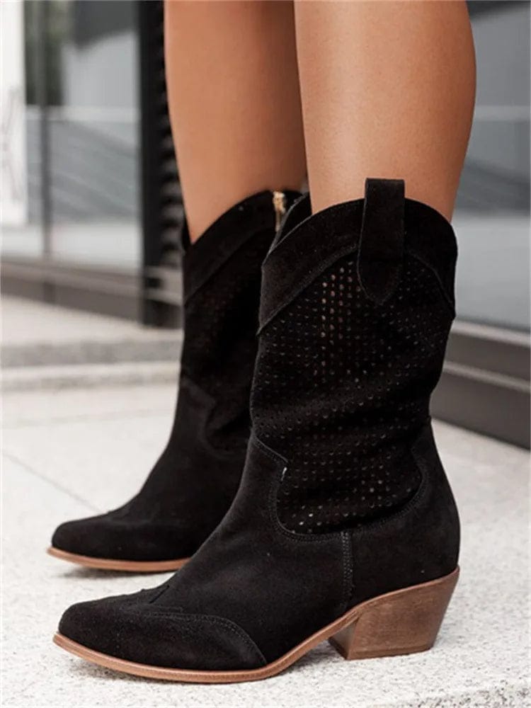 Celestine Fairbrook | Tan Suede Perforated Western Cowboy Boots