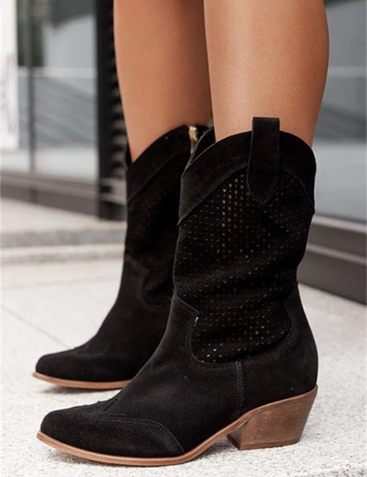 Celestine Fairbrook | Tan Suede Perforated Western Cowboy Boots