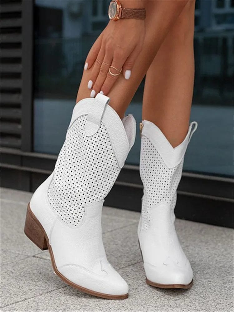 Celestine Fairbrook | Tan Suede Perforated Western Cowboy Boots