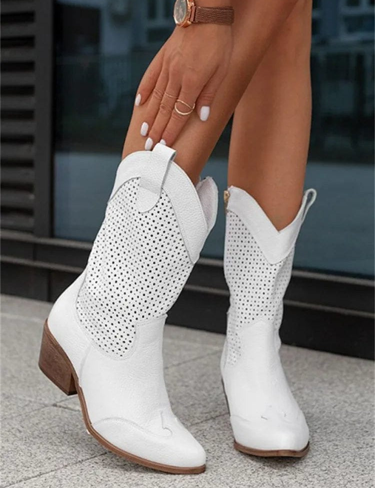 Celestine Fairbrook | Tan Suede Perforated Western Cowboy Boots
