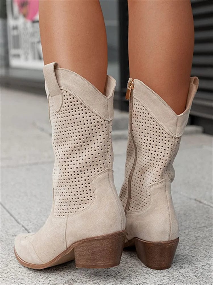 Celestine Fairbrook | Tan Suede Perforated Western Cowboy Boots
