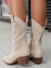 Celestine Fairbrook | Tan Suede Perforated Western Cowboy Boots