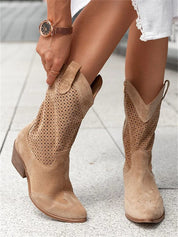 Celestine Fairbrook | Tan Suede Perforated Western Cowboy Boots