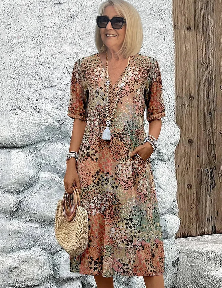 Rosalind Beauverne | Colorful Floral Midi Dress with V-Neck