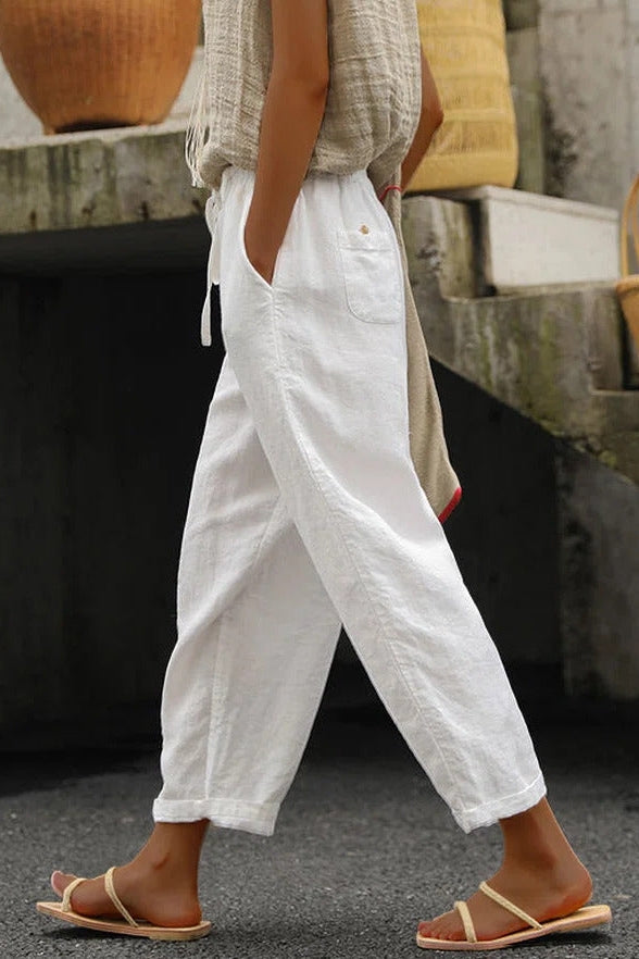 Isabelle Montclair | White Linen Drawstring Loose Pants For Women