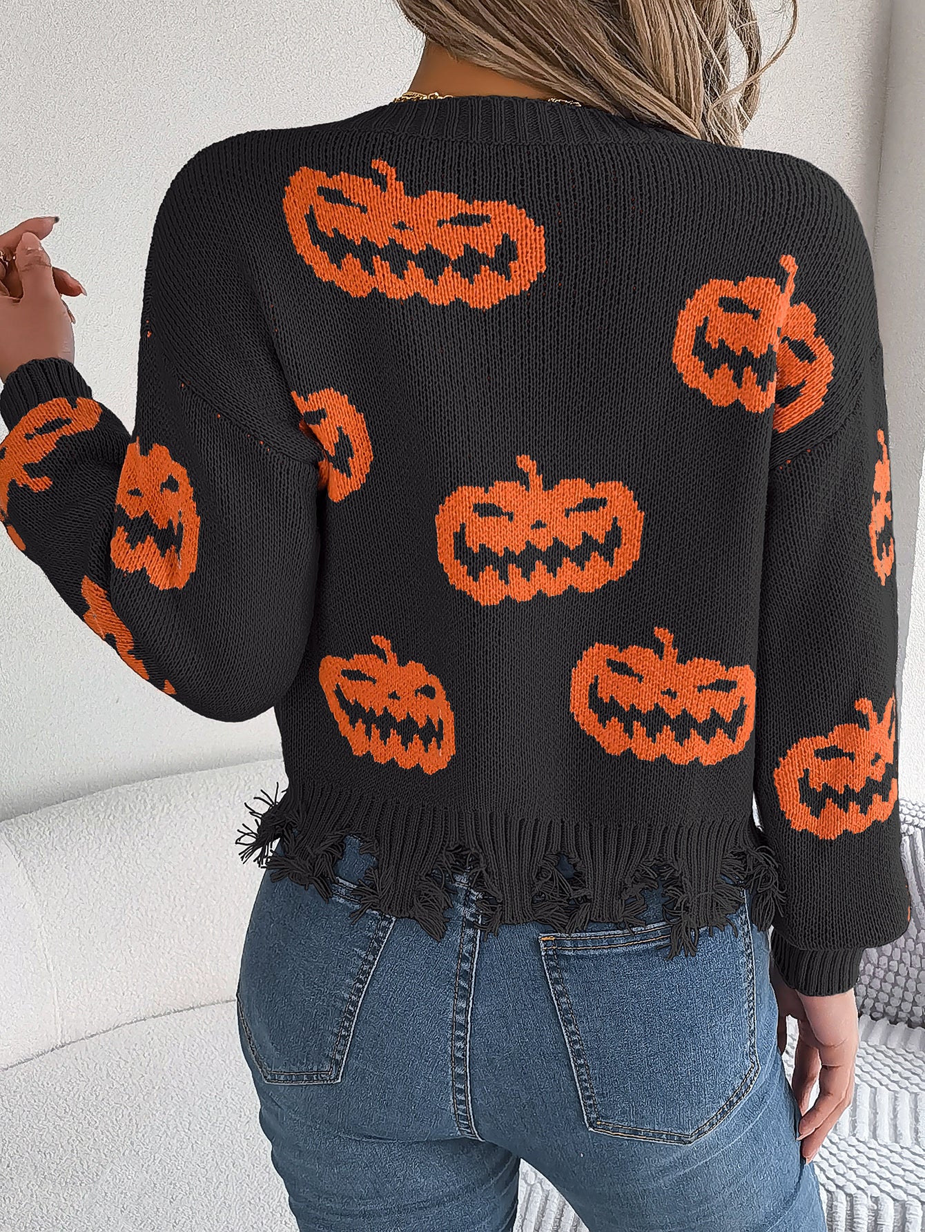 Marina Castellucci | Pumpkin Print Distressed Sweater For Women