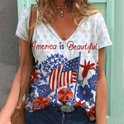 Darcy Winsmore | Vintage Stars Print V-Neck T-Shirt For Women