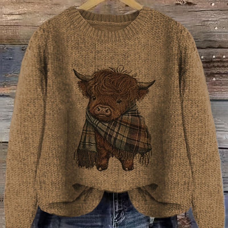 Marguerite Vaillant | Highland Cow Print Knit Sweater For Women