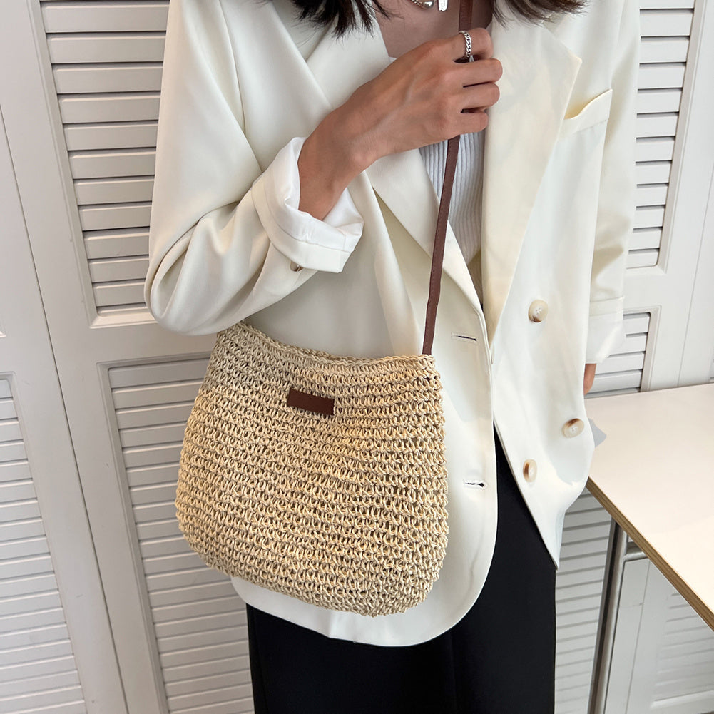 Evangeline Trentworth | Woven Straw Shoulder Bag in Natural Beige