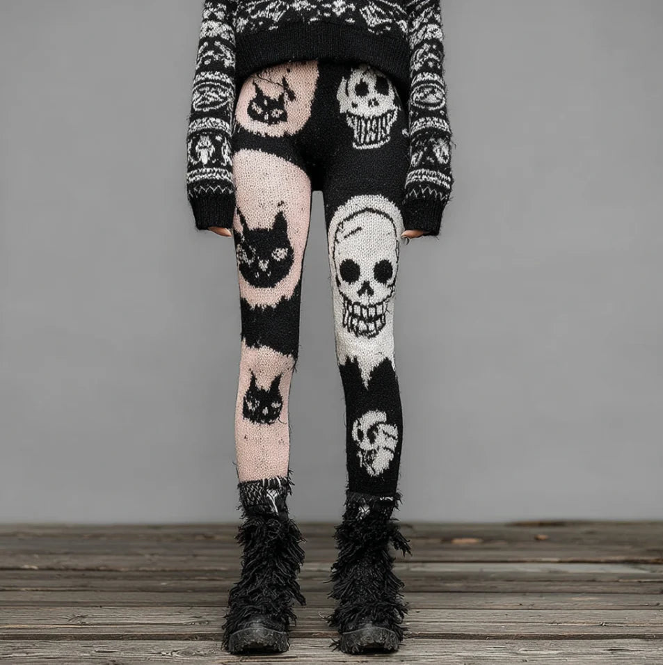 Vivienne Hartley | Patchwork Cat & Skull Print Leggings For Women