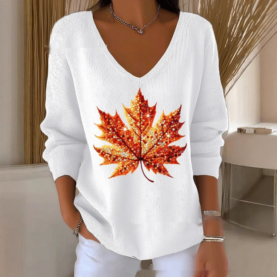 Florence Adair | Maple Leaf Print V-Neck Sweater For Women