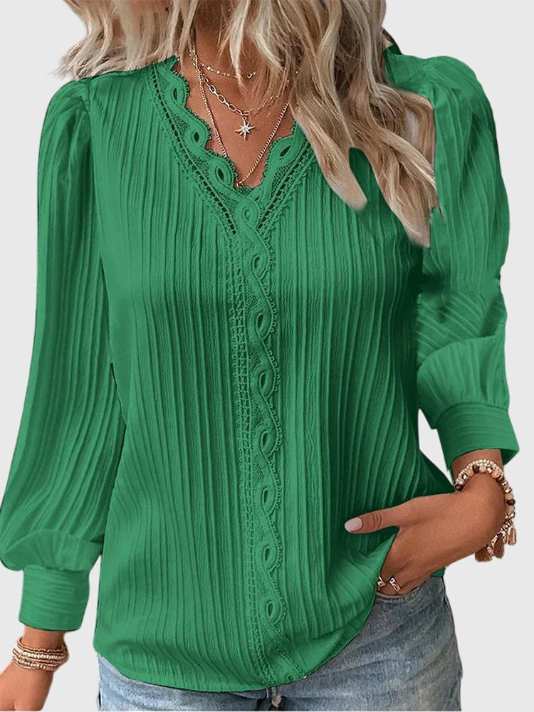 Céleste Fontaine | Yellow Lace Trim V-Neck Pullover Blouse