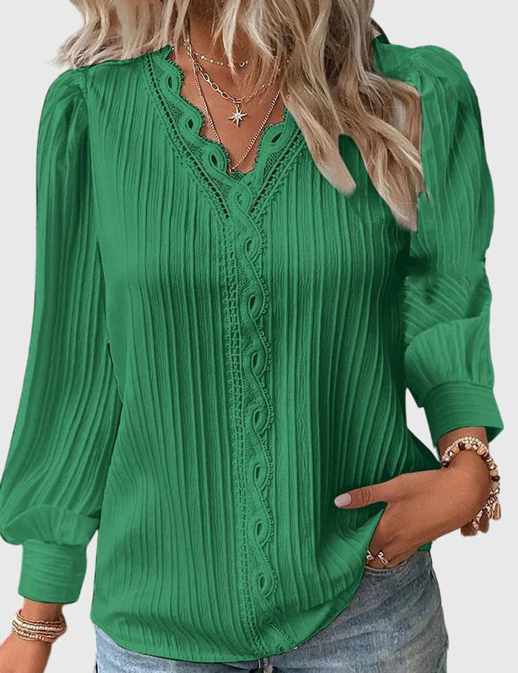 Céleste Fontaine | Yellow Lace Trim V-Neck Pullover Blouse
