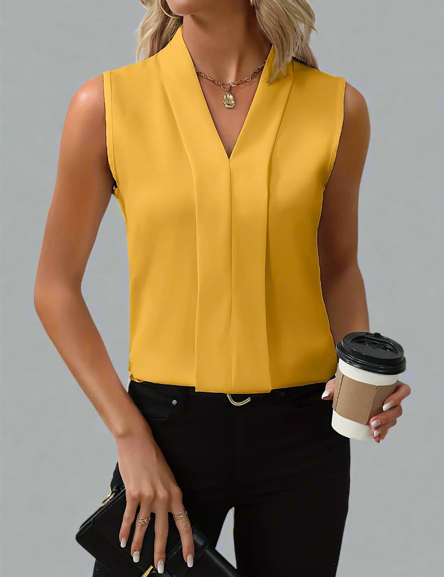 Miriam Castellane | White V-Neck Sleeveless Pleated Blouse