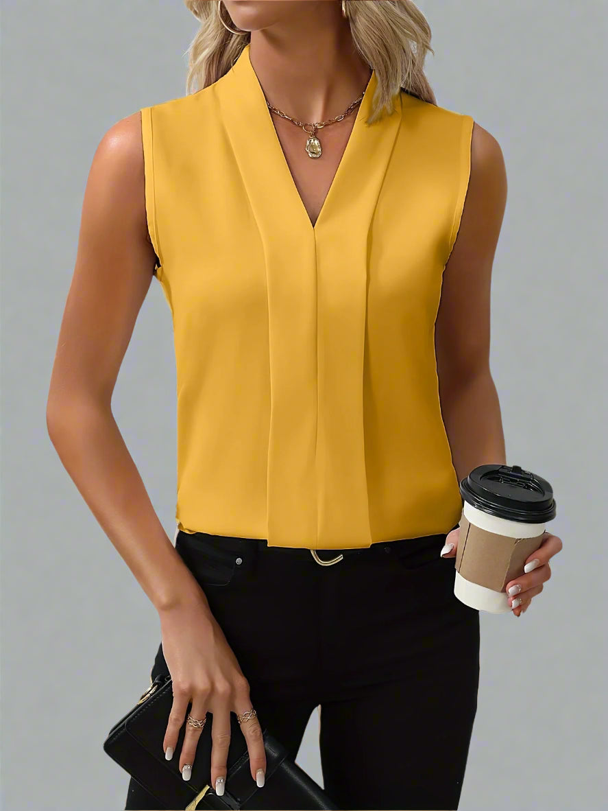 Miriam Castellane | White V-Neck Sleeveless Pleated Blouse