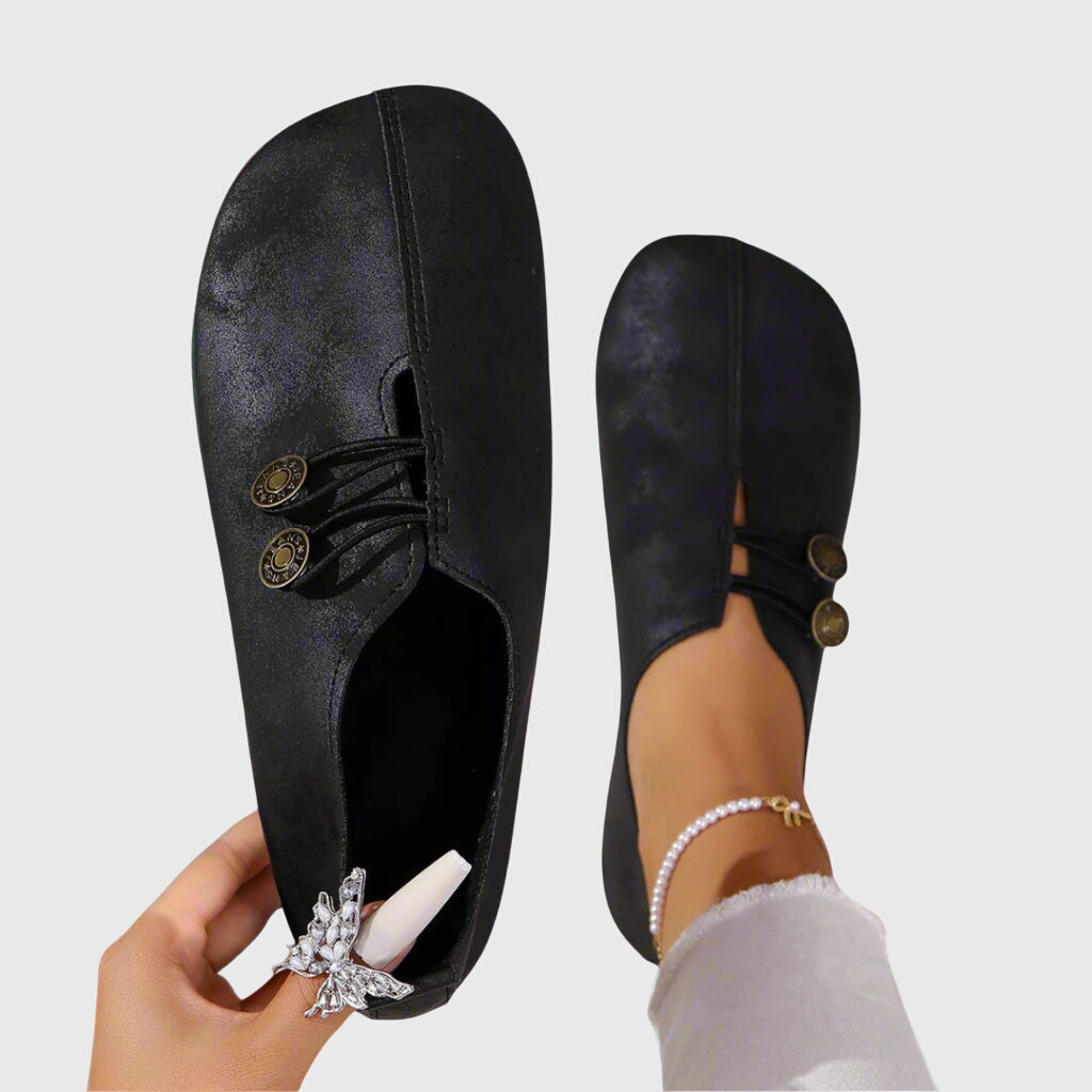 Aurelia Strandcourt | Vintage Brown Suede Slip-On Flats with Button Detail
