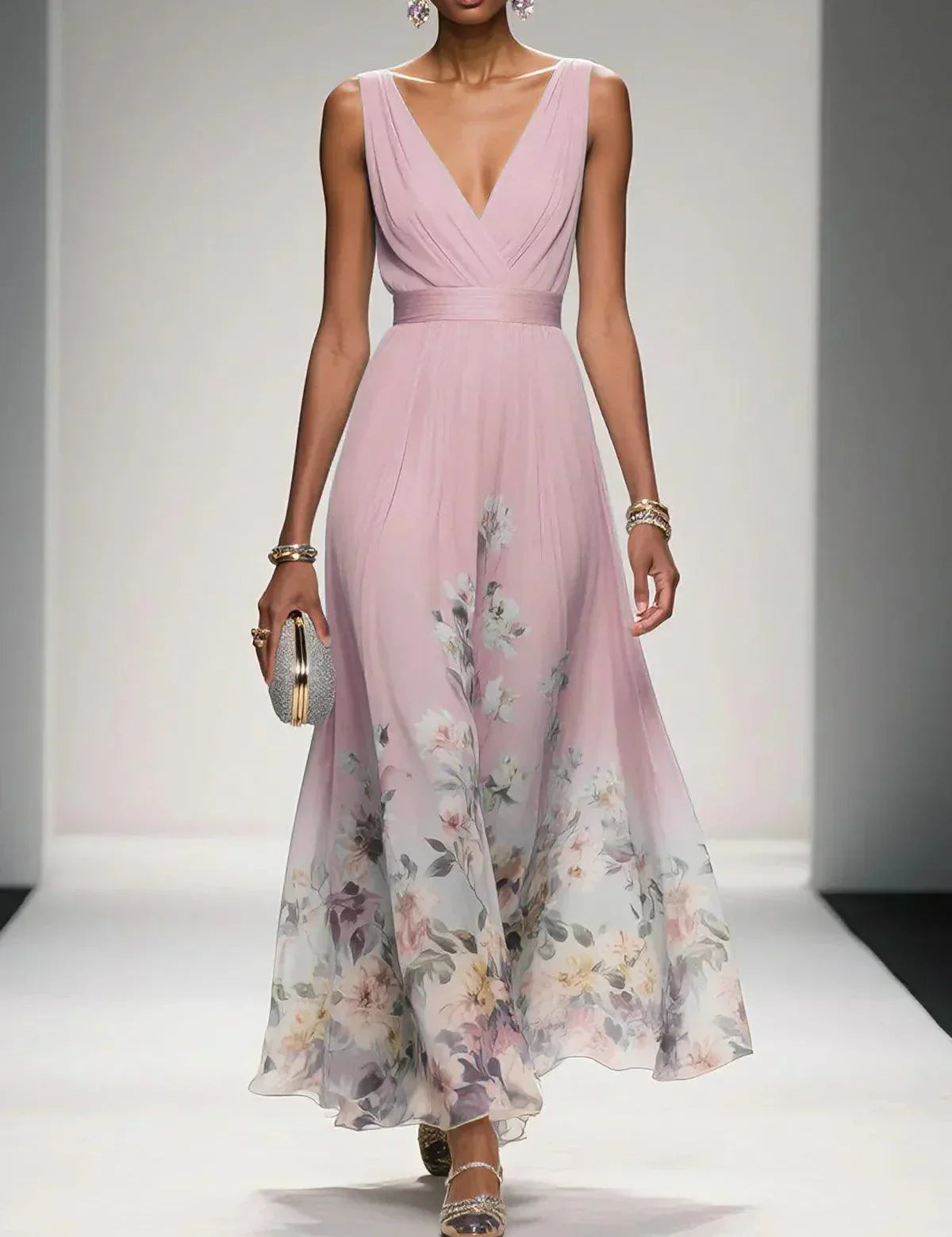 Celestine Dawnmore | Light Blue Floral Maxi V-Neck Dress