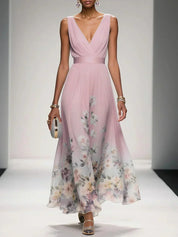 Celestine Dawnmore | Light Blue Floral Maxi V-Neck Dress
