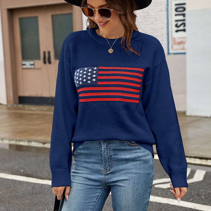 Pauline Courtland | Navy Crew Neck Flag Veterans Day Sweater For Women