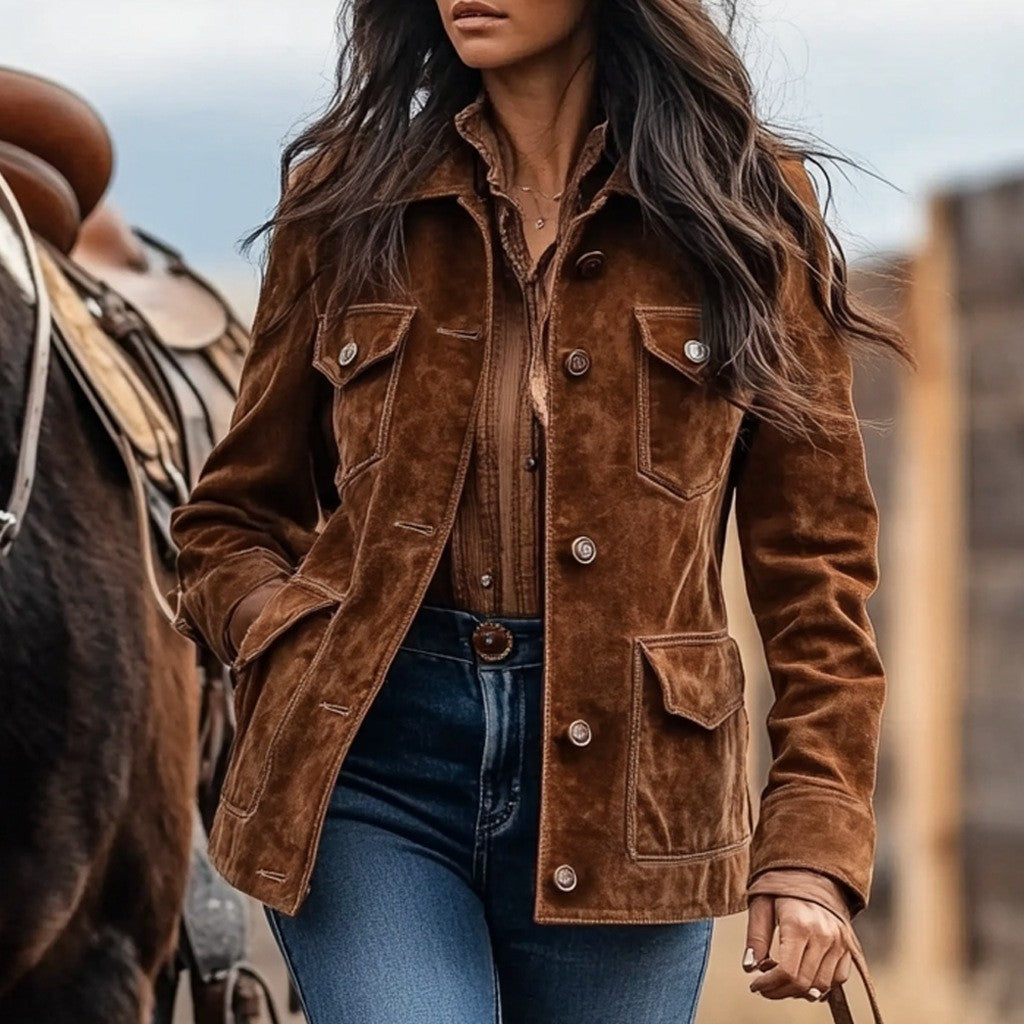 Vi Corshaw | Brown Suede-Look Button-Front Jacket For Women