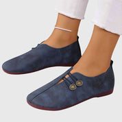Aurelia Strandcourt | Vintage Brown Suede Slip-On Flats with Button Detail