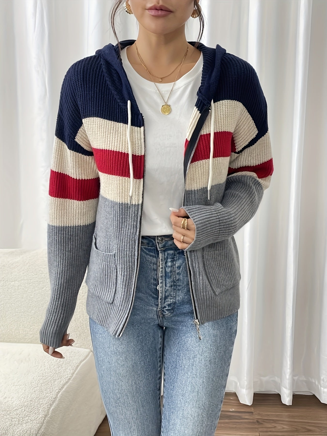 Harriet Devon | Colour-Block Zip Hoodie With Ribbed Knit For Women
