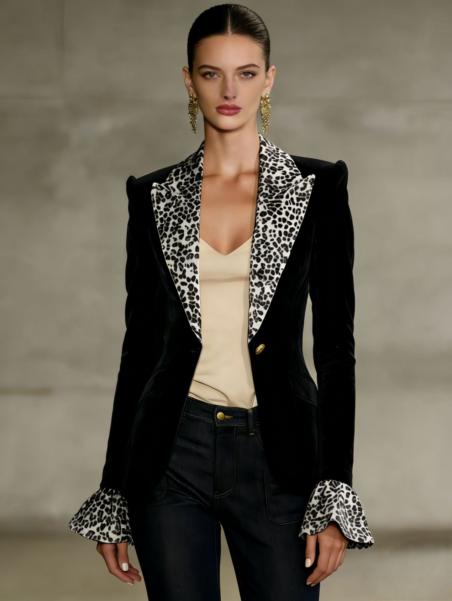 Henny Sungate | Leopard Lapel Flared Cuff Velvet Blazer For Women