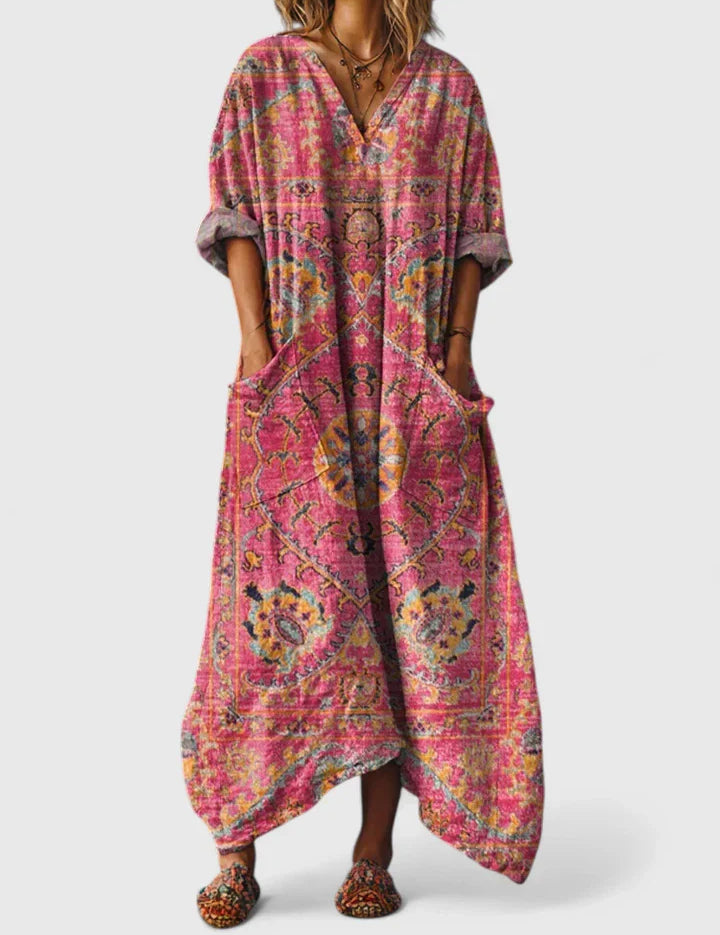 Flavia Rosebourne | Bohemian Ethnic Print Maxi Dress with Pockets