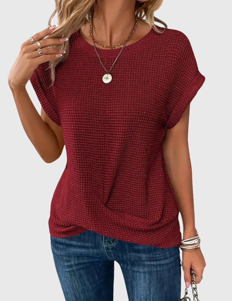 Thalia Wentmore | Rust Orange Waffle Knit Crew Neck Blouse