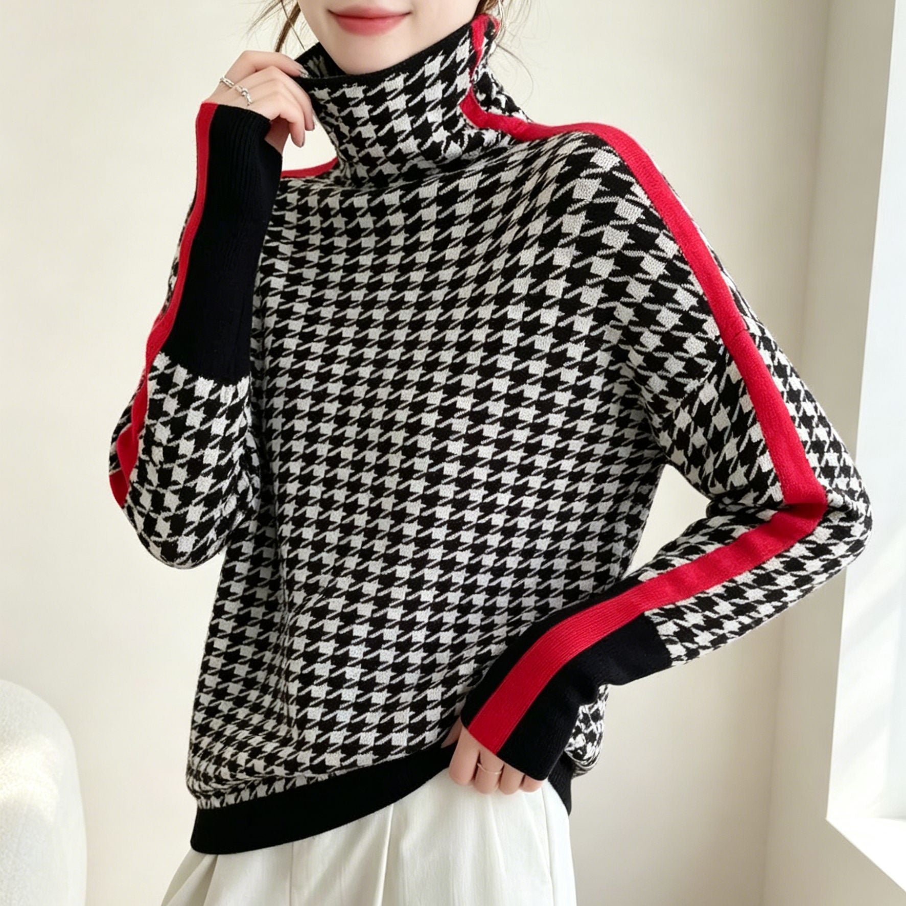 Georgie Braycombe | Stripe Sleeve Turtleneck Sweater For Women