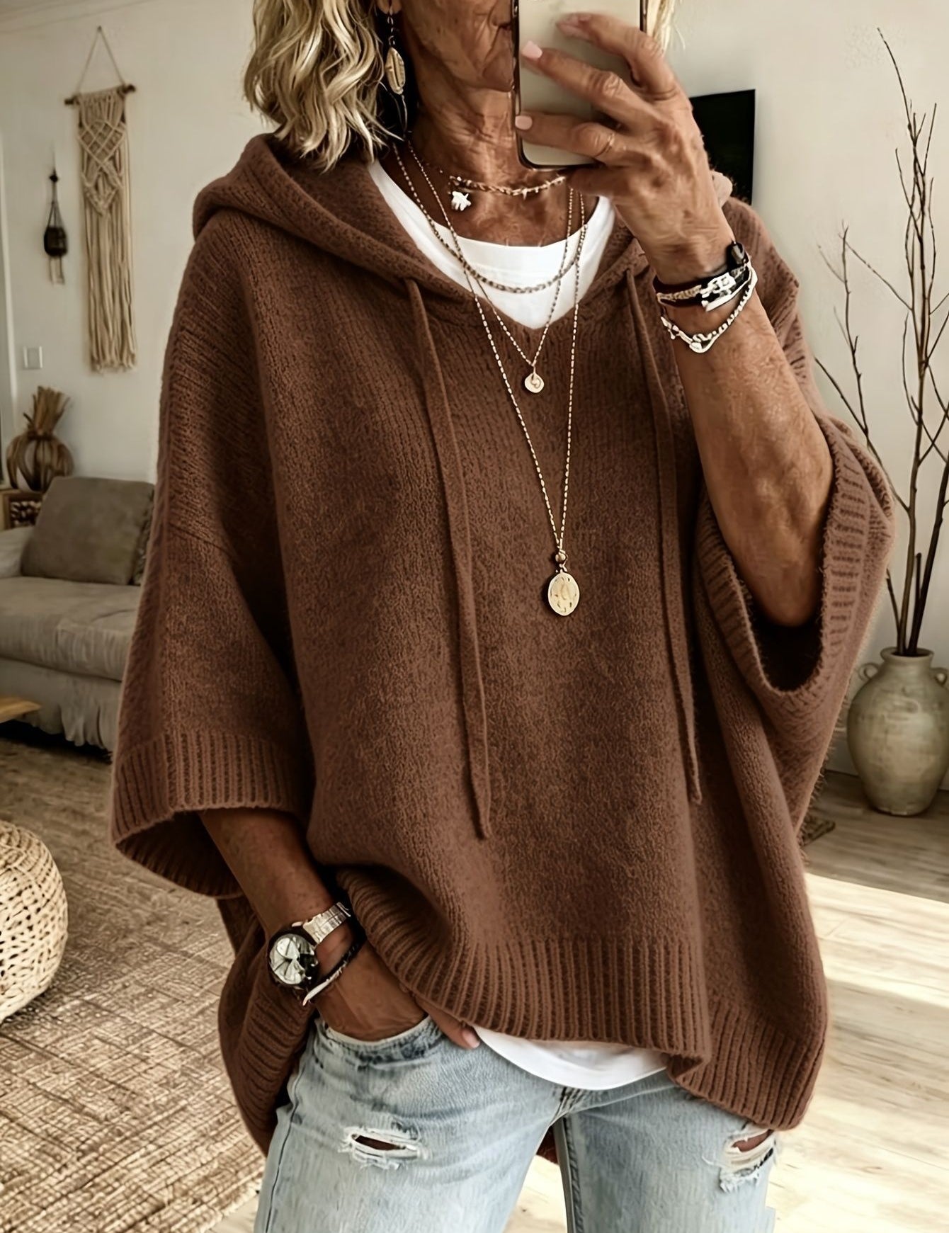 Eloise Drummond | Knitted Hooded Drawstring Sweater For Women