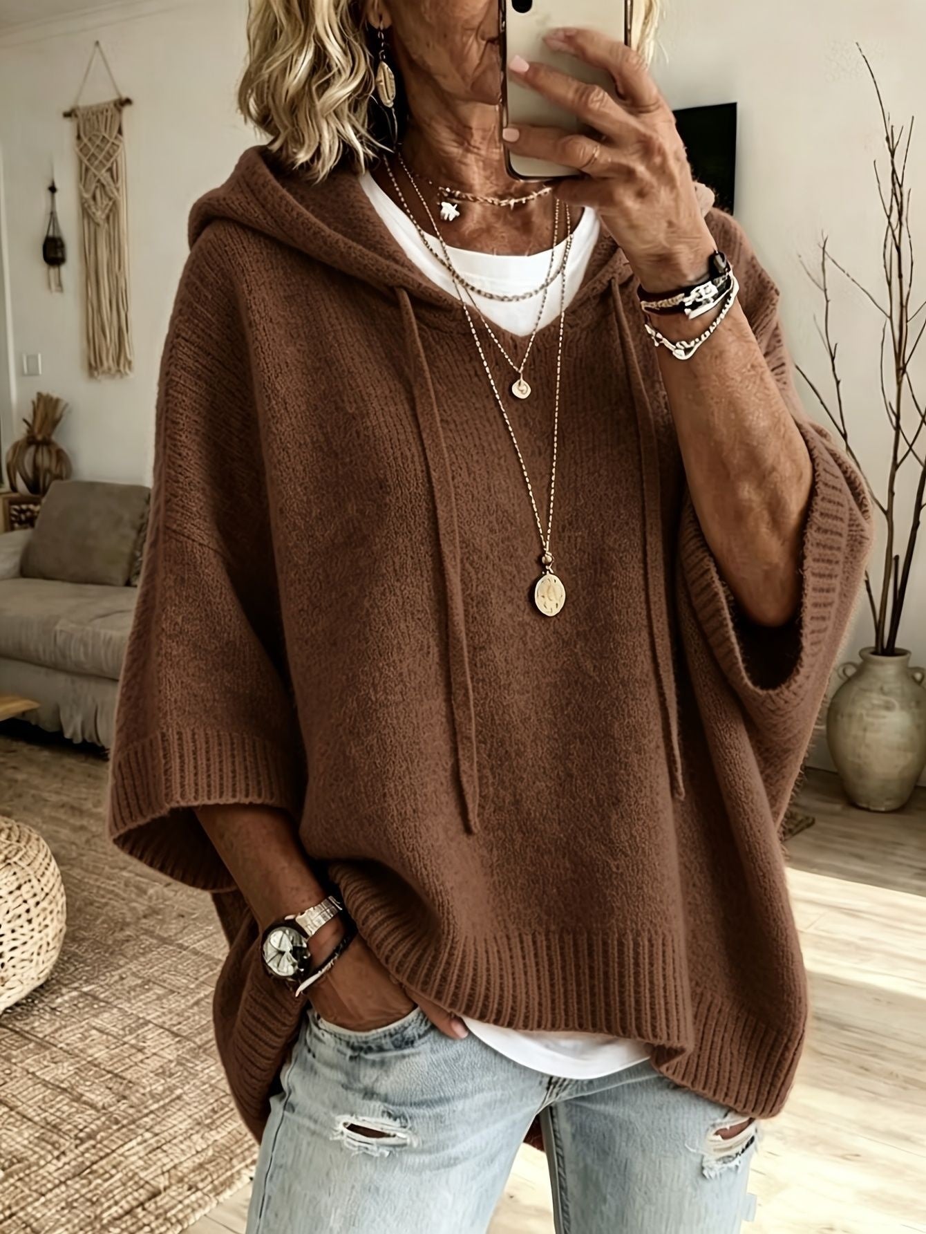 Eloise Drummond | Knitted Hooded Drawstring Sweater For Women