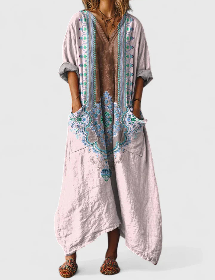 Flavia Rosebourne | Bohemian Ethnic Print Maxi Dress with Pockets