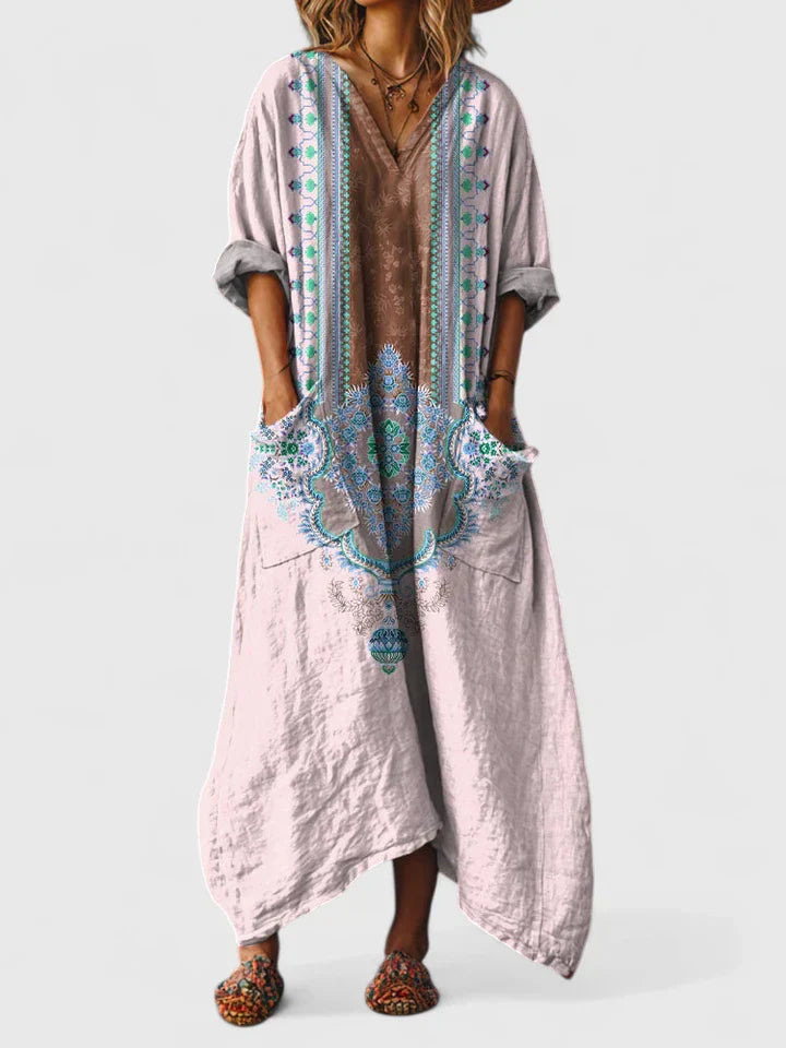 Flavia Rosebourne | Bohemian Ethnic Print Maxi Dress with Pockets